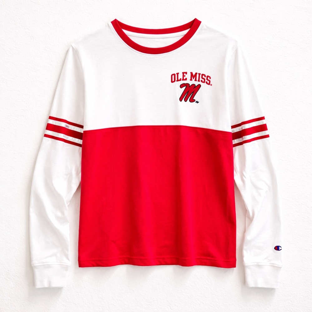 Champion Ole Miss Colorblock Preppy Collegiate Long Sleeve Tee L NWT Red B04
